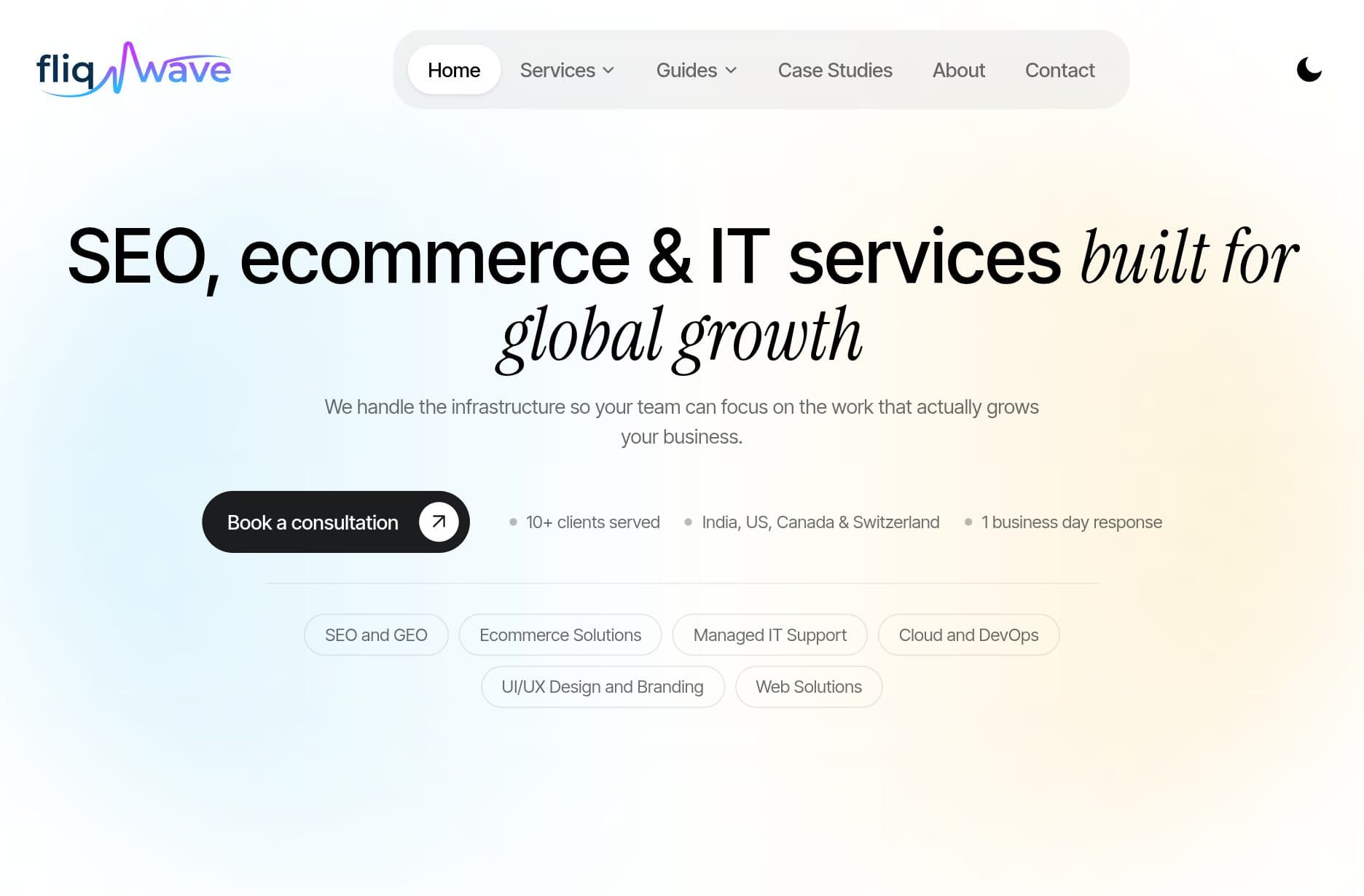 Fliqwave homepage built with Next.js, showing the hero and service links